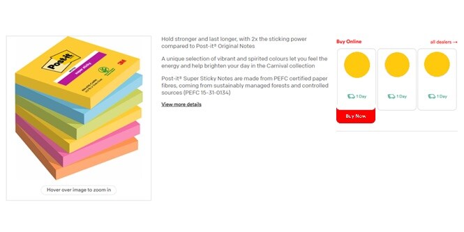 Immagine della pagina dei dettagli del prodotto Post-it® con un esempio di dove trovare rivenditori con il prodotto disponibile
