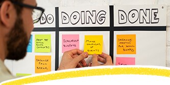 A person organising Post-it® Notes on a board labeled 'TO DO, DOING, DONE.'

